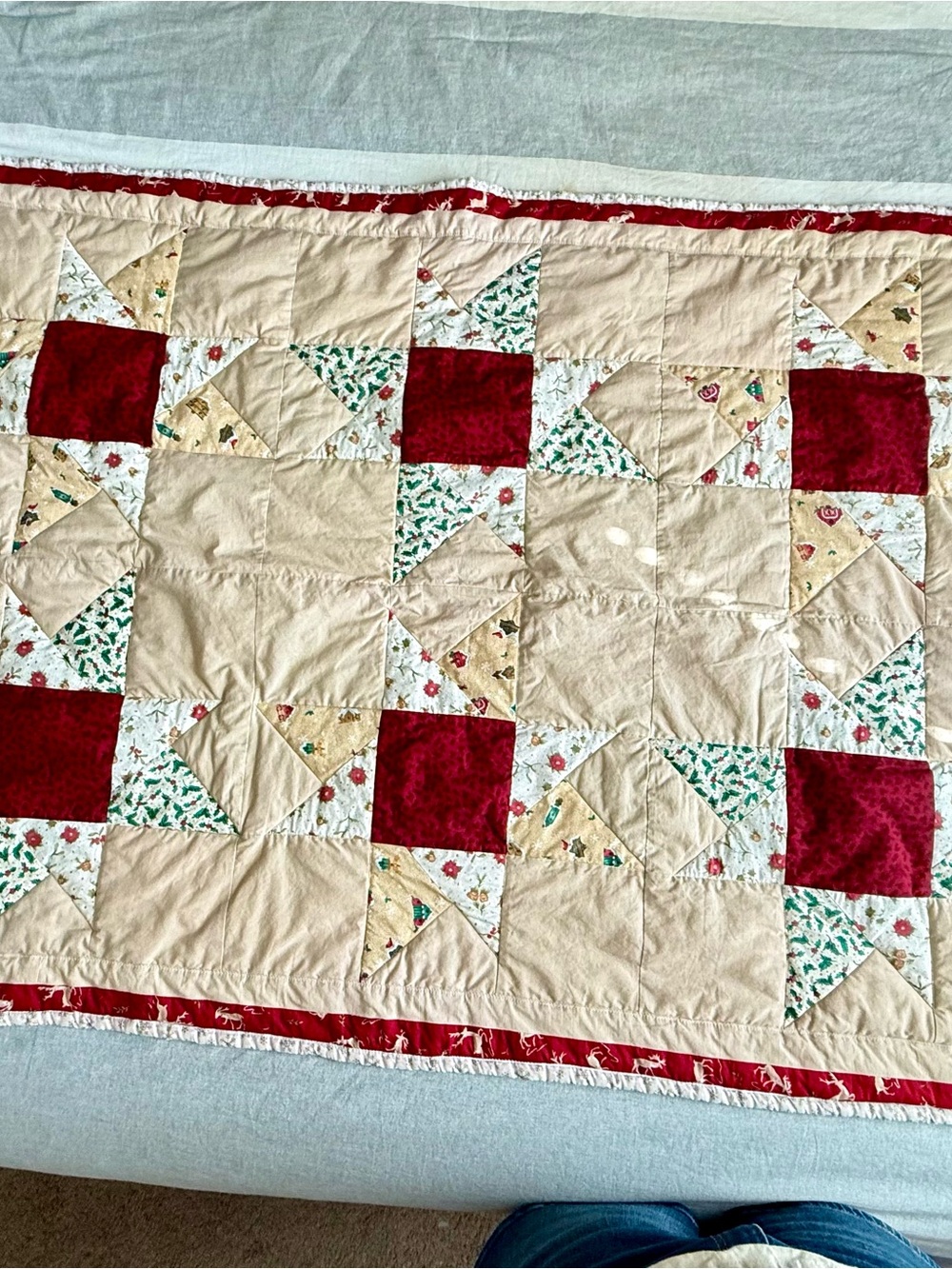 Handmade Holiday Star Quilt Table Runner - Red and Cream